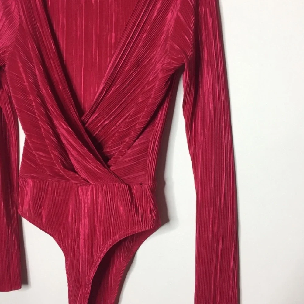 Topshop Plissé Faux Wrap Long Sleeve Bodysuit Pink Size 4 - Picture 11 of 13